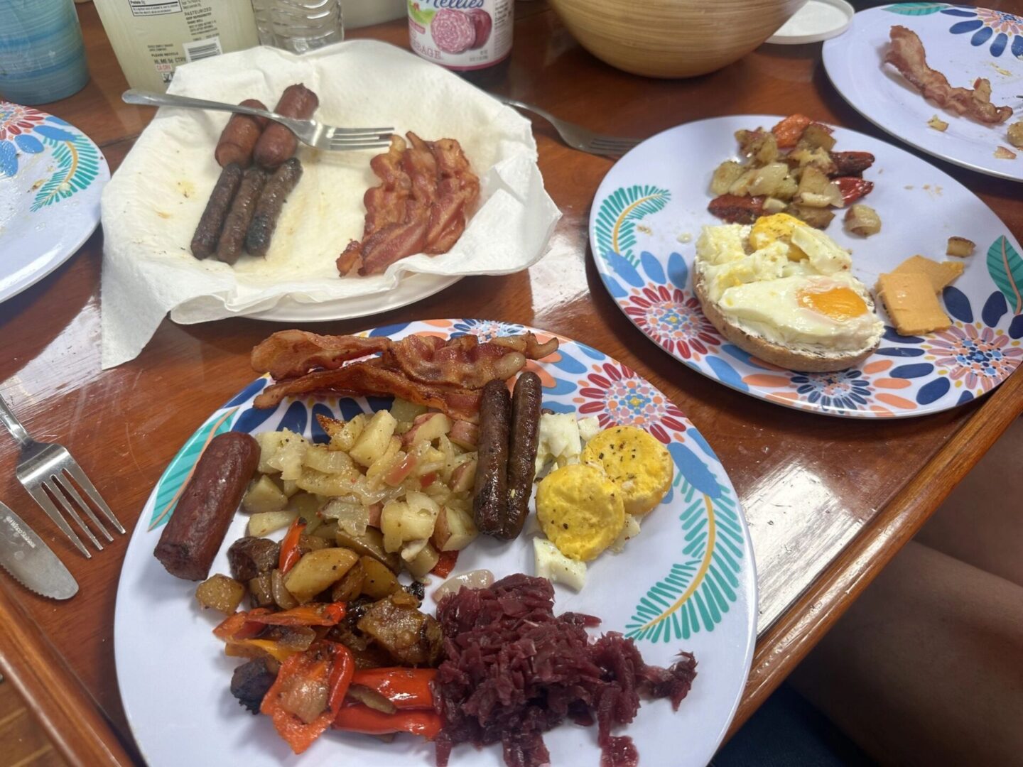 A table with plates of food on it