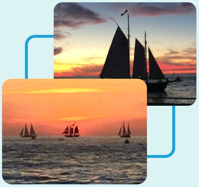 Two pictures of a sunset and sailboats in the ocean.