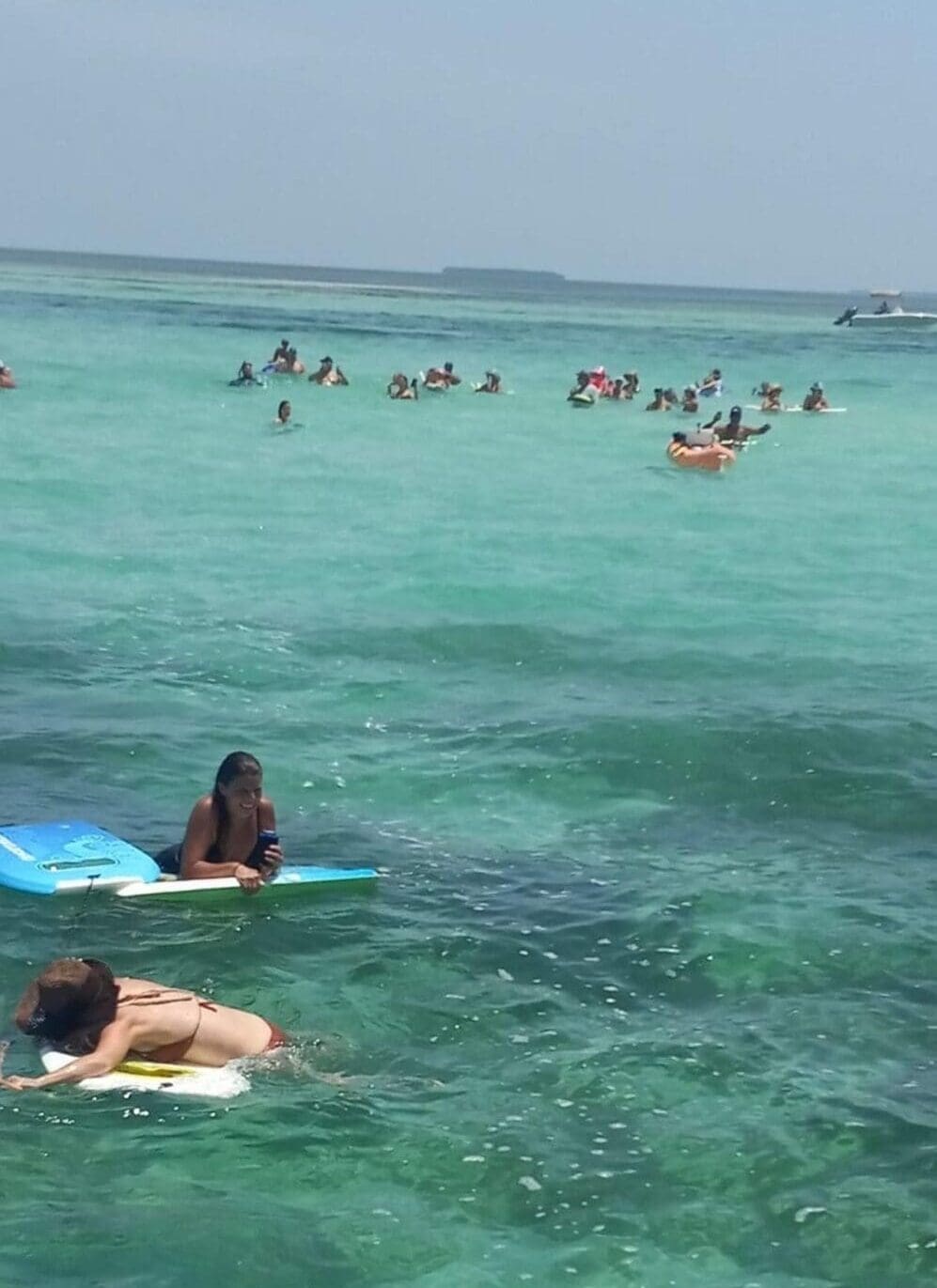 A group of people swimming in the ocean.